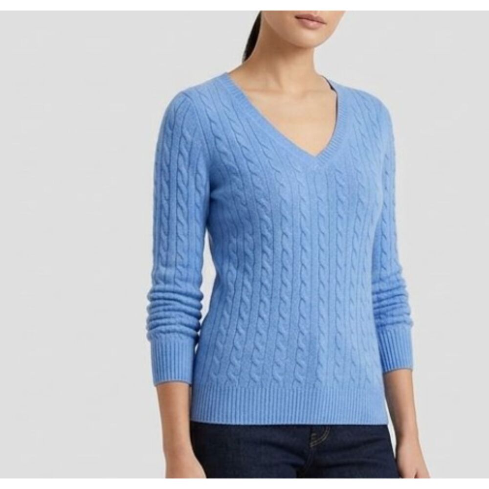 AQUA Bloomingdale’s Cable Knit Cashmere V Neck Sweater Blue Size XS